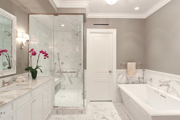 white themed bathroom with tub
