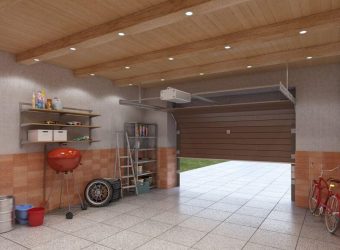 insulated garage floor with wooden ceiling and pin lights
