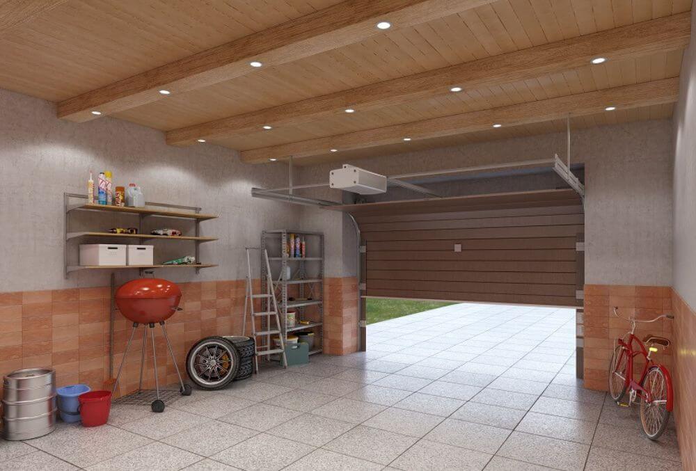 insulated garage floor with wooden ceiling and pin lights