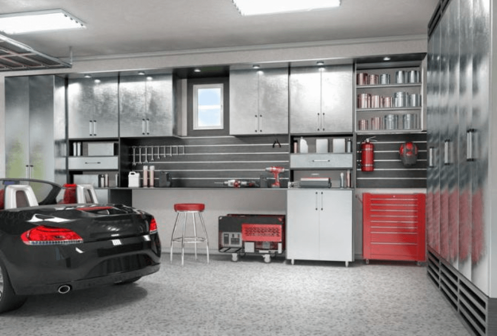 Garage with a smooth, glossy epoxy-coated floor.