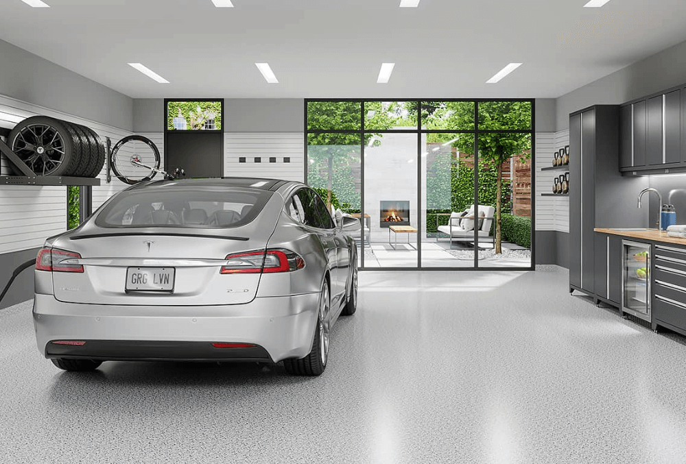 Garage floor with durable polyurea polyaspartic coating for a sleek, long-lasting finish.