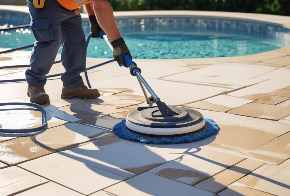 Contractor cleaning pool deck surface using power scrubber tool