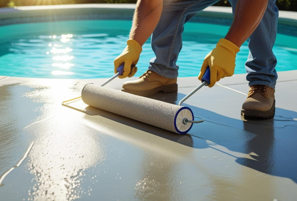 Worker sealing concrete pool deck surface using large roller tool