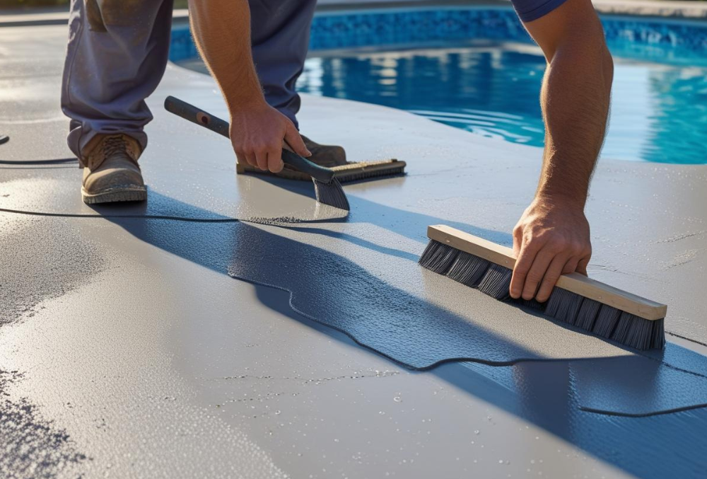 Contractor resurfacing concrete pool deck using brushes and tools