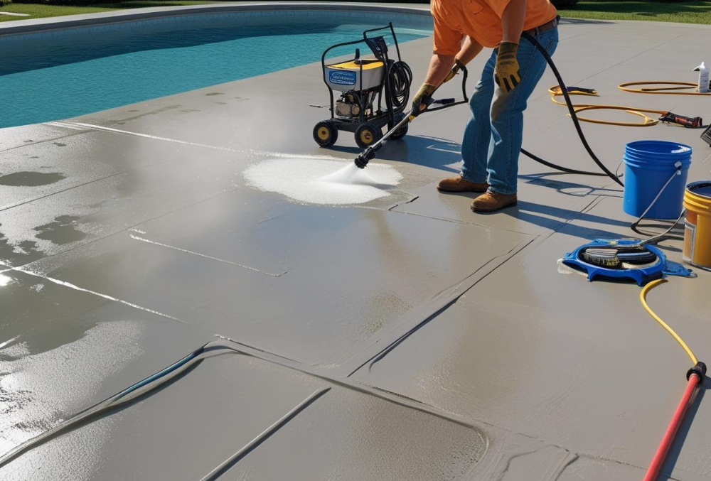 Contractor power washing pool deck for winter preparation