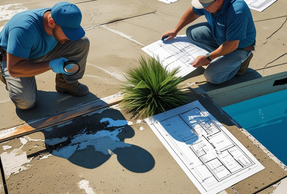 Contractors inspecting pool deck with blueprints and tools