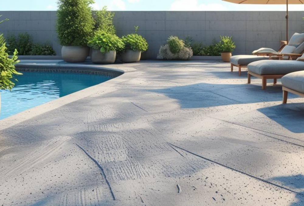 Knockdown texture pool deck with plants and lounge chairs