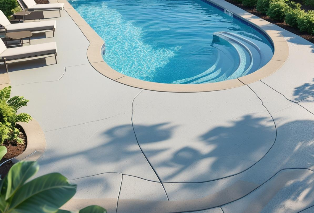 Anti-Slip Pool Deck with plants and chairs on the side