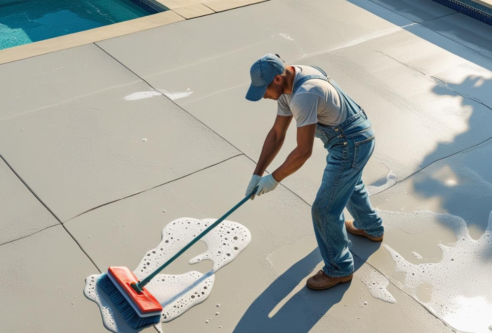 Worker scrubbing concrete pool deck with soap and cleaning broom