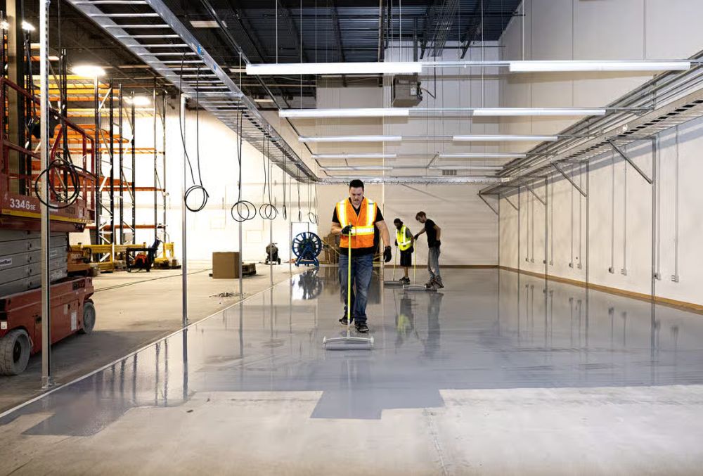 Experienced Kansas City epoxy garage floor contractor installing a seamless, long-lasting epoxy coating system.
