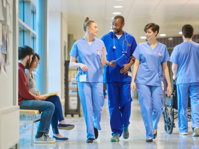 Healthcare facility flooring with seamless epoxy or polyurea coating designed for hygiene, durability, and easy maintenance.